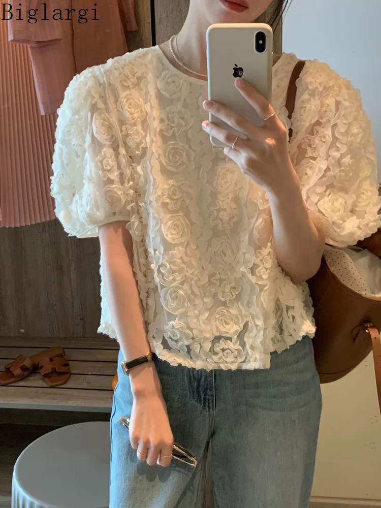 

Fashion Lace Three Dimensional Flower Puff Sleeve Woman Shirt Summer Office Casual Women Shirt Ladies Womens Korea Shirts Tops