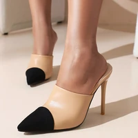 retro pointy toe mixed color patchwork fashion pumps shoes high heeled womens sandal slip on slipper mules