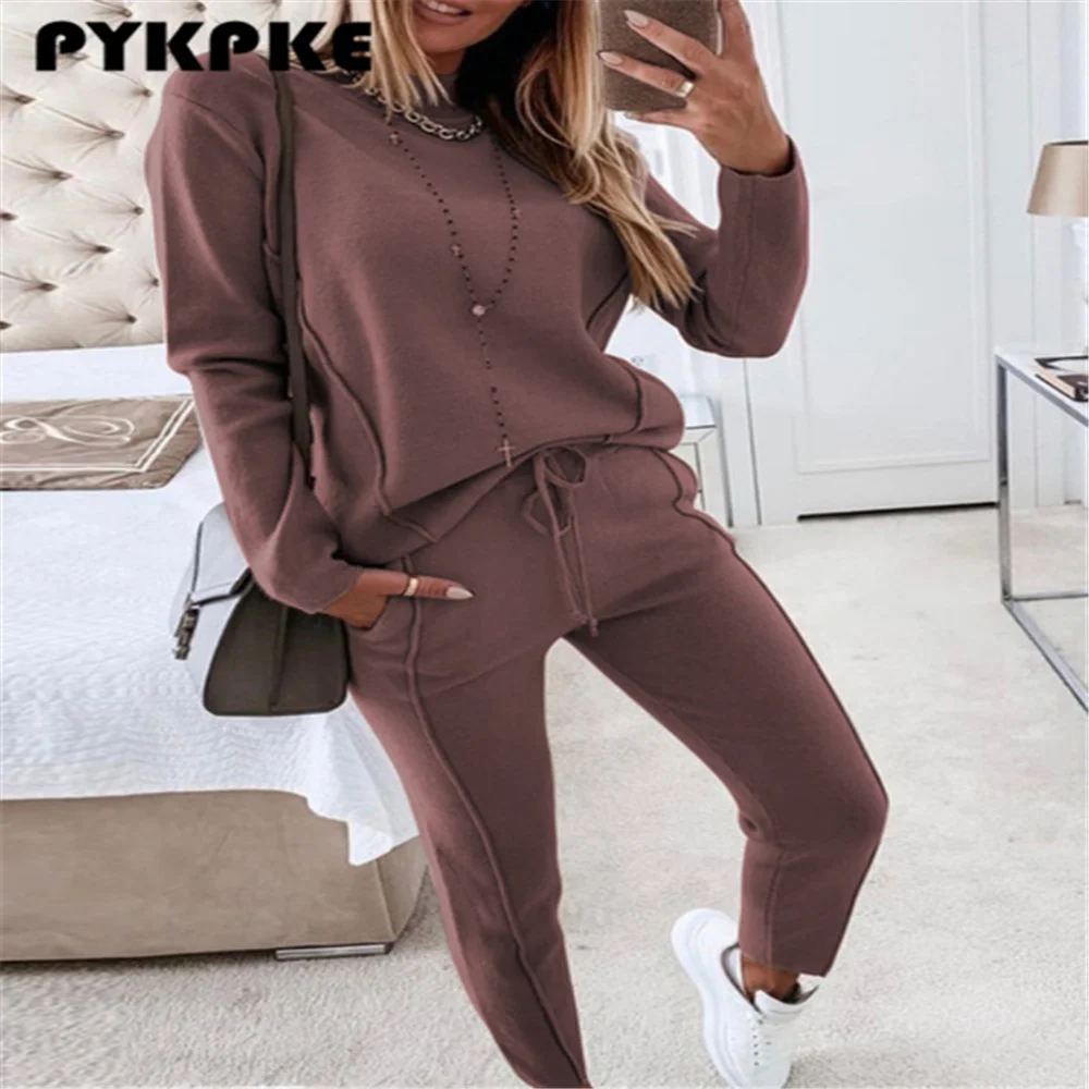 

2022 Women Print Patchwork Homewear Casual V Neck Tops Pullover and Drawstring Pants Tracksuit Autumn 2 Piece Pant Sets