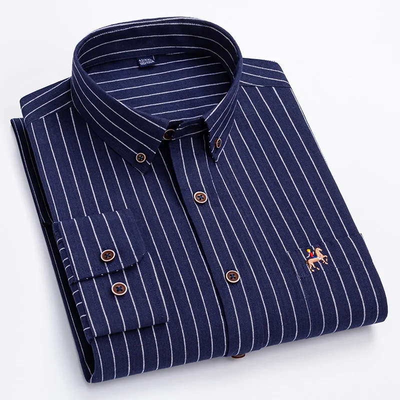 Plus Size 6xl 100% Cotton Oxford Shirt Casual for Business Men Regular Fit Long Sleeve Striped Leisure Man's Shirt With Pocket