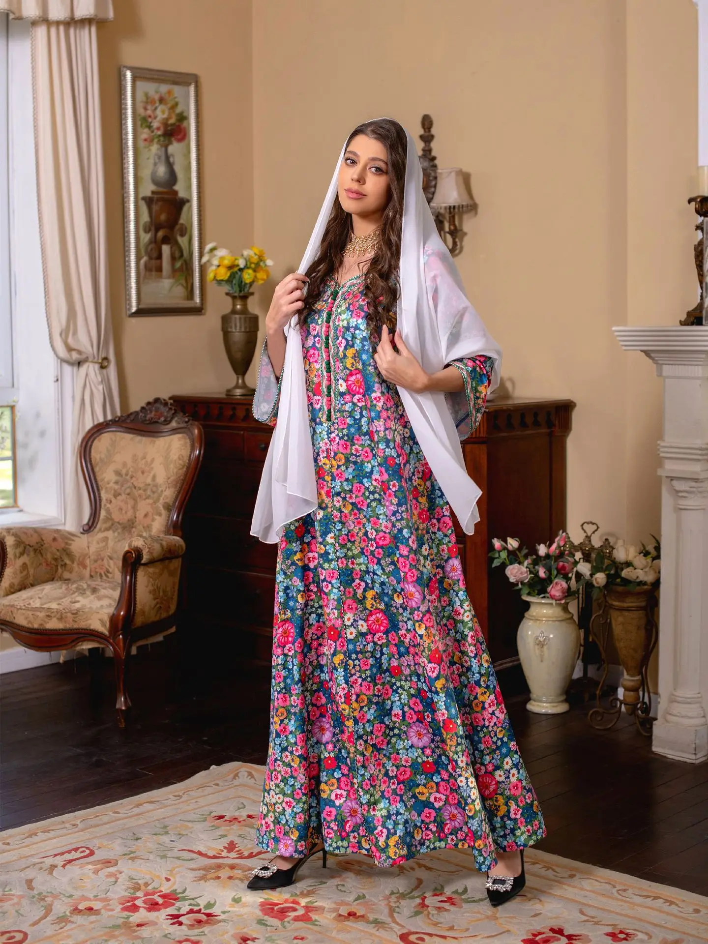 Modest Dress For Woman Elegant Casual Spring Floral Printed Long Dresses V-Neck Lace Tape Muslim Fashion Abaya Jalabiyat Ramadan