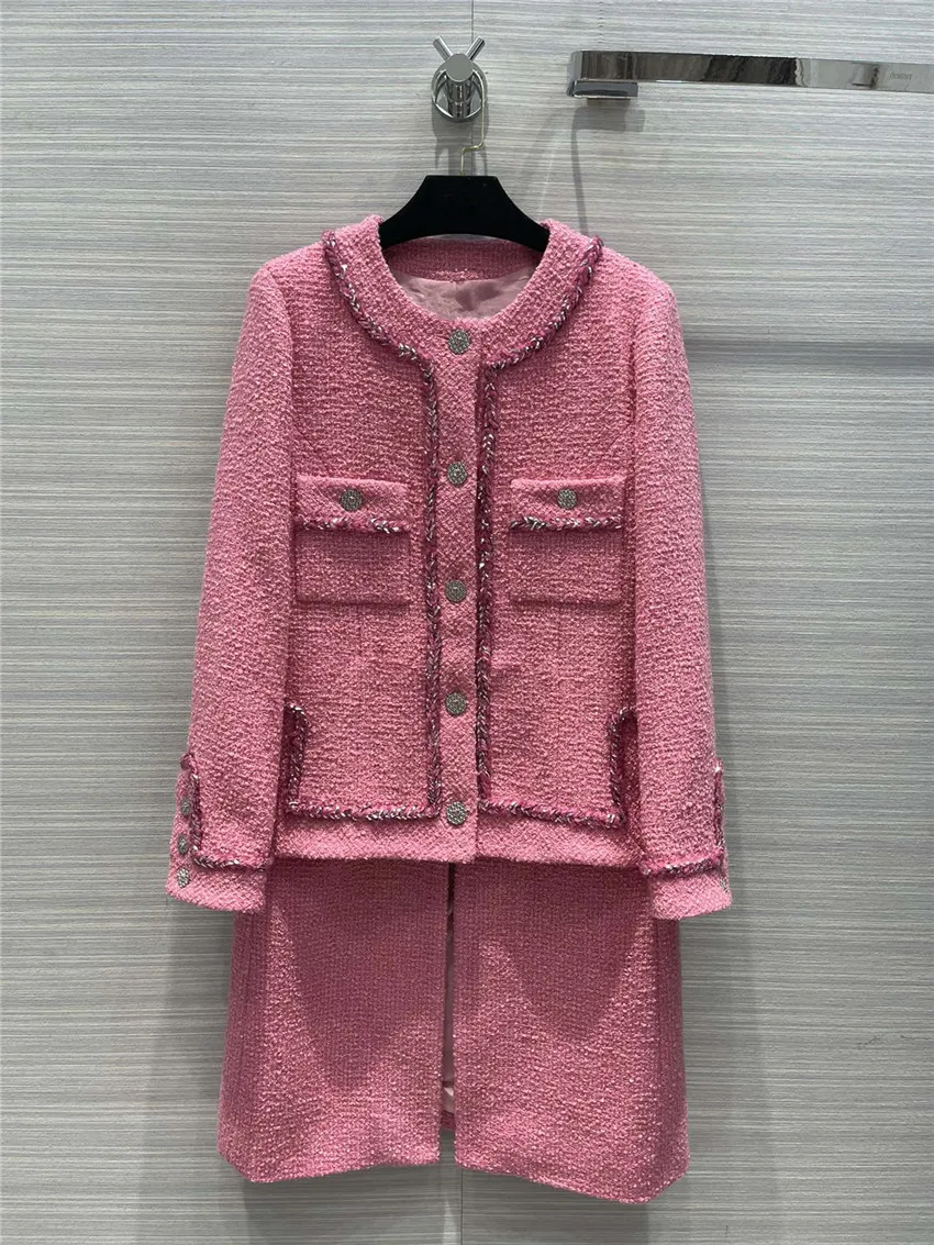 

Женская твидовая куртка с круглым вырезом, длинное розовое шерстяное пальто средневековой серии с металлическими пуговицами, 100% шелковая п...