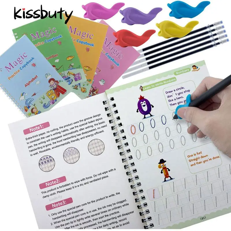 

4 Books 3D Calligraphy Copybooks Set, Learning Children's Magic Practice Book English Number Lettering Magic Practice Copybooks