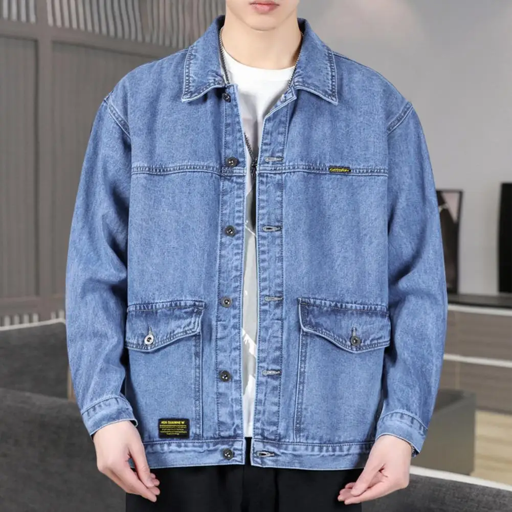 

Мужская однобортная куртка на пуговицах, Повседневная Осенняя джинсовая куртка с лацканами и длинными рукавами, однотонная, для работы