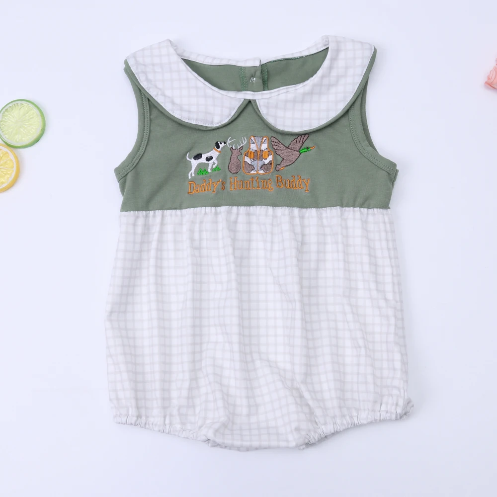

2023 New Born 0-3T Jumpsuit Baby Boy Clothes Hunting Embroidery Bubble Infant Romper Sleeve Lattice Shorts Bodysuit Babi Outfits