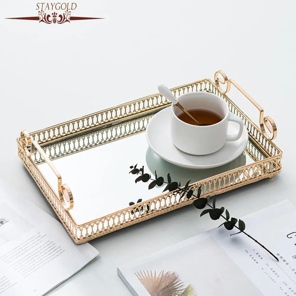 

European Glass Metal Storage Tray Gold Decor Luxury Home Decor Jewelry Display Living Room Mirror Glass Tea Tray Table Storage