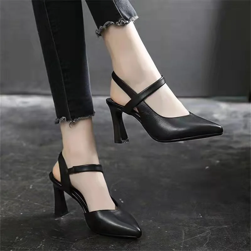 Soft Leather Solid Color Sandals Women 2023 Summer New Style Thick Heels with Baotou Fashion High-heeled Women's Shoes