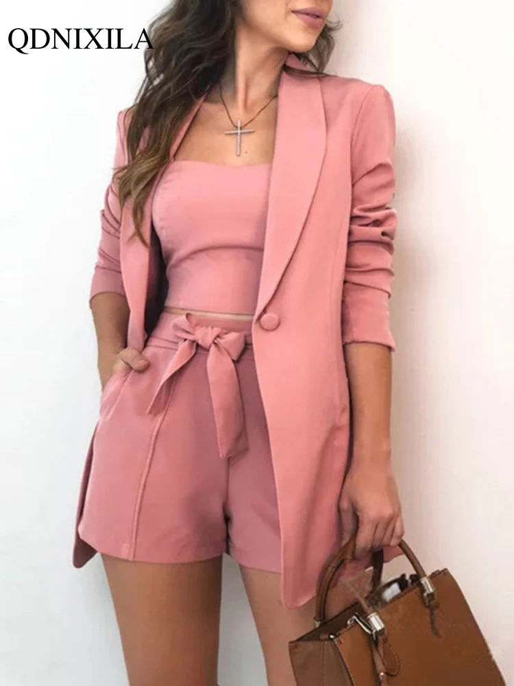 

2022 Spring Summer Women Blazer Set Fashion Elegant Inside Vest Top Blazer and High Waist Shorts 3piece Set Casual Shorts Suit
