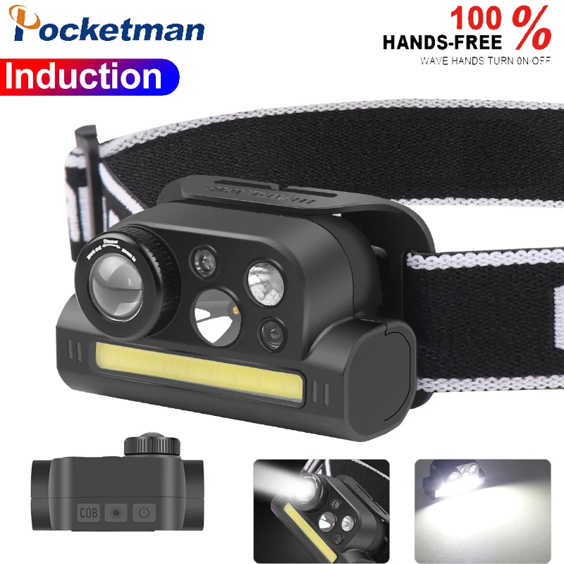 

COB LED Headlamp Sensor Headlight with Built-in Battery Flashlight USB Rechargeable Head Lamp Torch 7 Lighting Modes Work Light