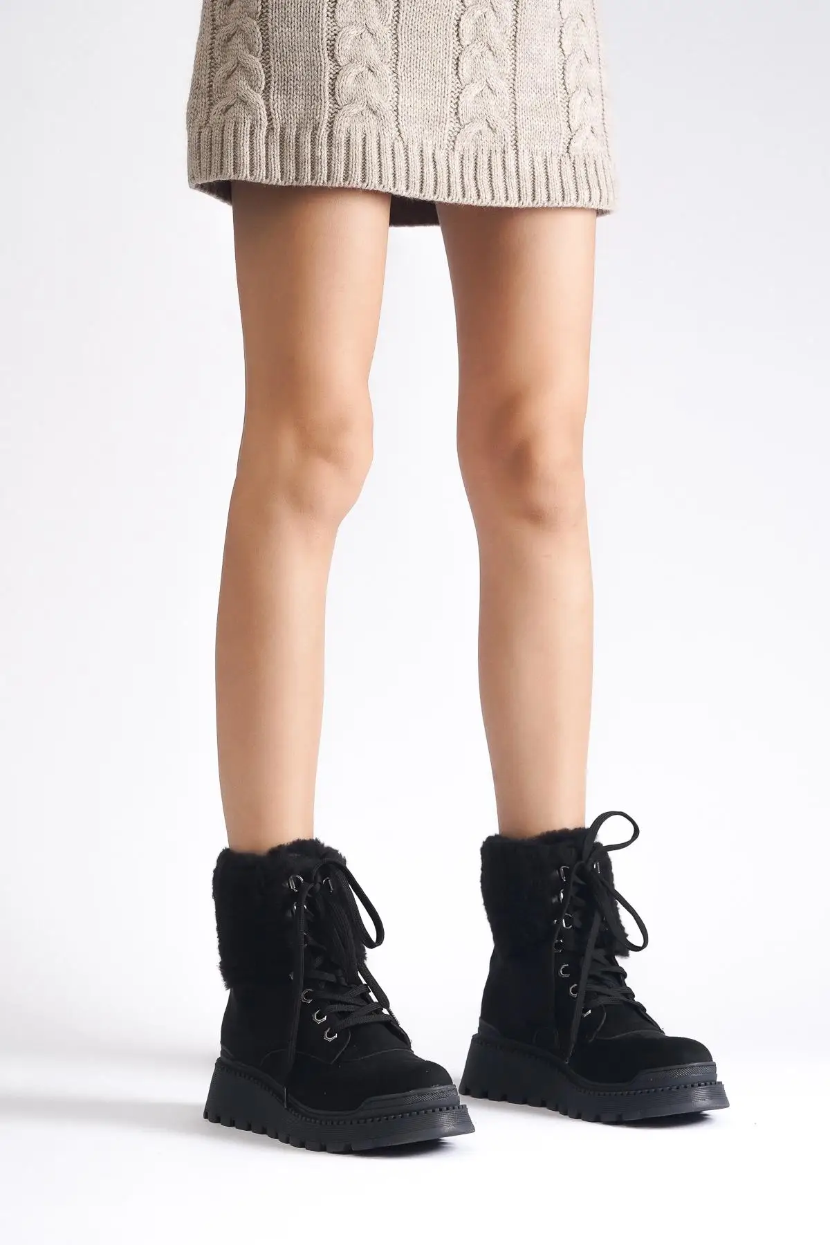 

Ladies Suede Fur Detail Laced Boots 2021 Women 'S Winter Snow Boots High Bottom Warm Shoes Short Boots Black Nude Tan color