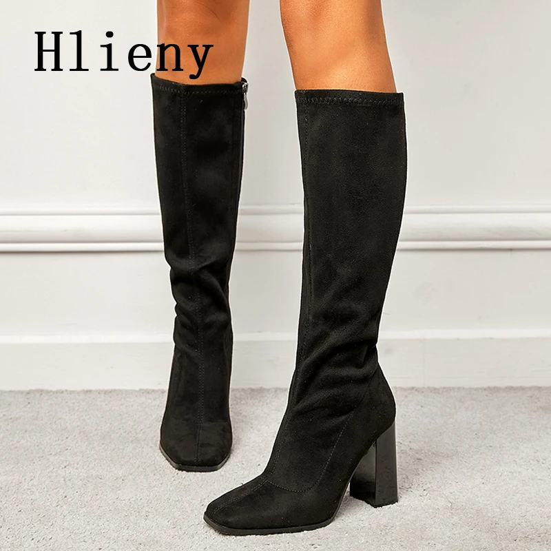 

Hlieny осенне-зимние черные сапоги до колена большого размера 42 женские удобные прогулочные туфли на квадратном каблуке Туфли-лодочки мотоциклетная обувь длинные сапоги