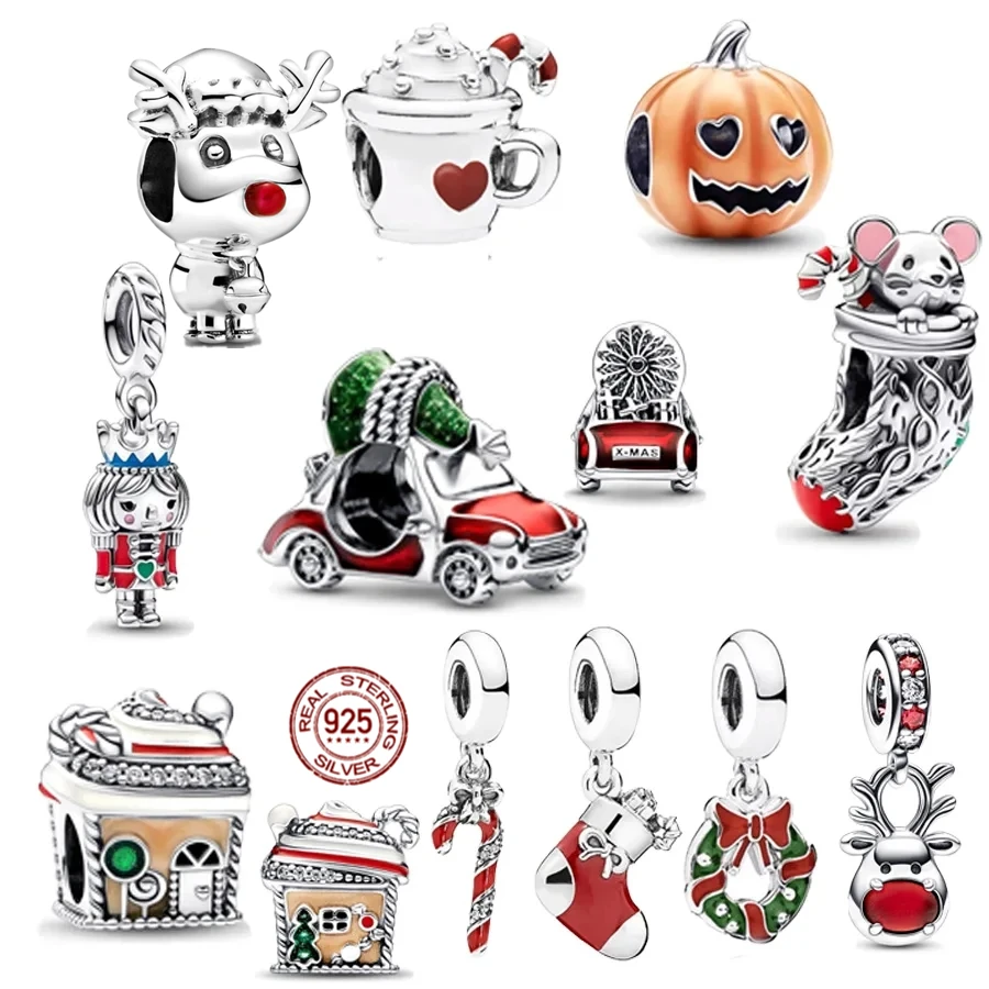 

Red Nose Reindeer Gingerbread House Christmas Tree Charm Bead Fit Original Pandora 925 Sterling Silver Bracelet DIY Jewelry Gift