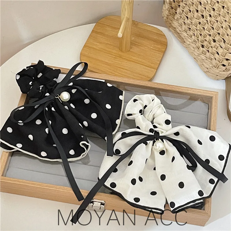 

Japanese and Korean Lazy Fluffy Ribbon Large Intestine Ring French Retro Dots Elegant High Sense Hairband for Tying up Hair Summ