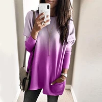 gradient color tees all match spring fashion tops 4 colors oversized women o neck long sleeve loose casual t shirt with pocket