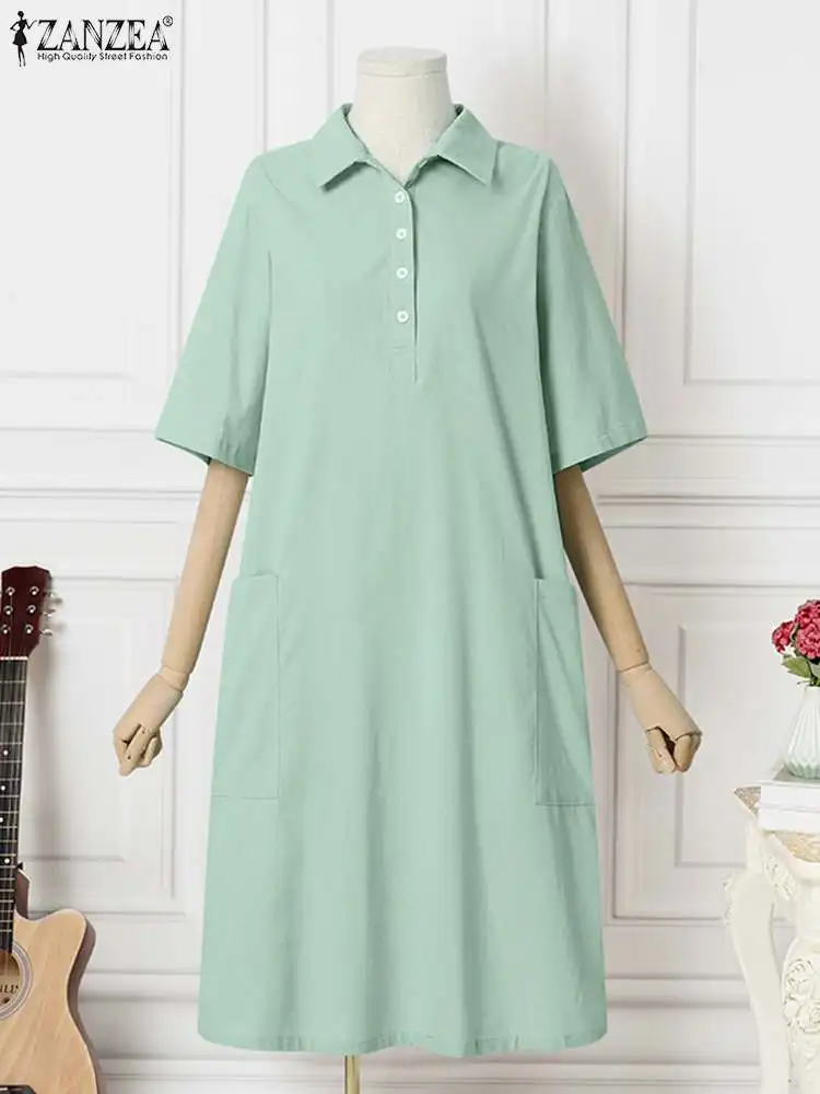 Платье-рубашка ZANZEA женское средней длины элегантный винтажный Однотонный