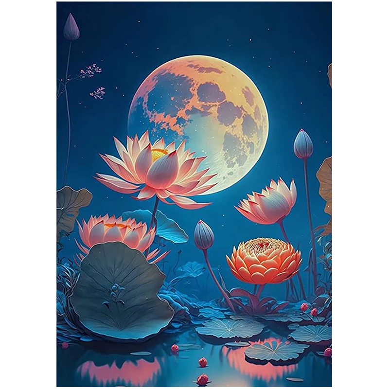 

Full Square/Round Diamond Embroidery Lotus Flower Diamond Painting Mosaic Cross Stitch Kits Moon Lake Floral Art Wall Room Decor