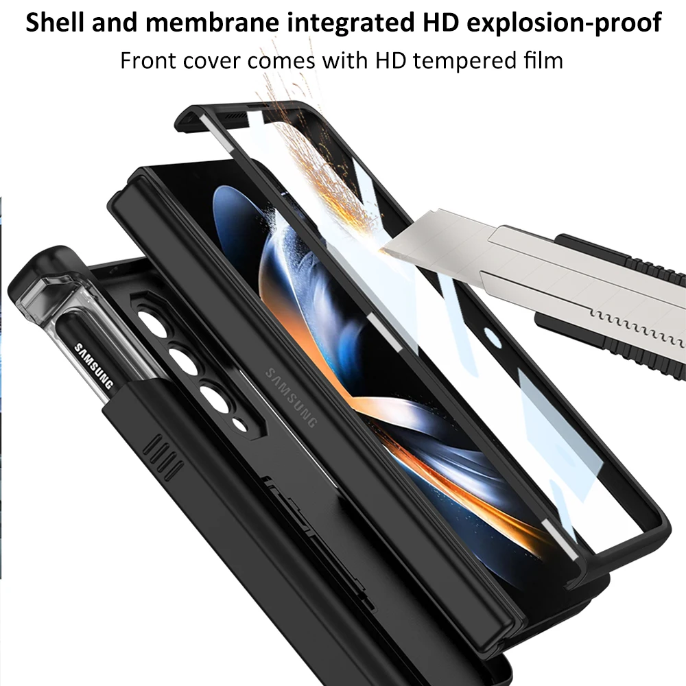 Slide S Pen Holder Armor Magnetic Case For Samsung Galaxy Z Fold 5 4 360 Full Screen Protector Kickstand Phone Cover Shockproof