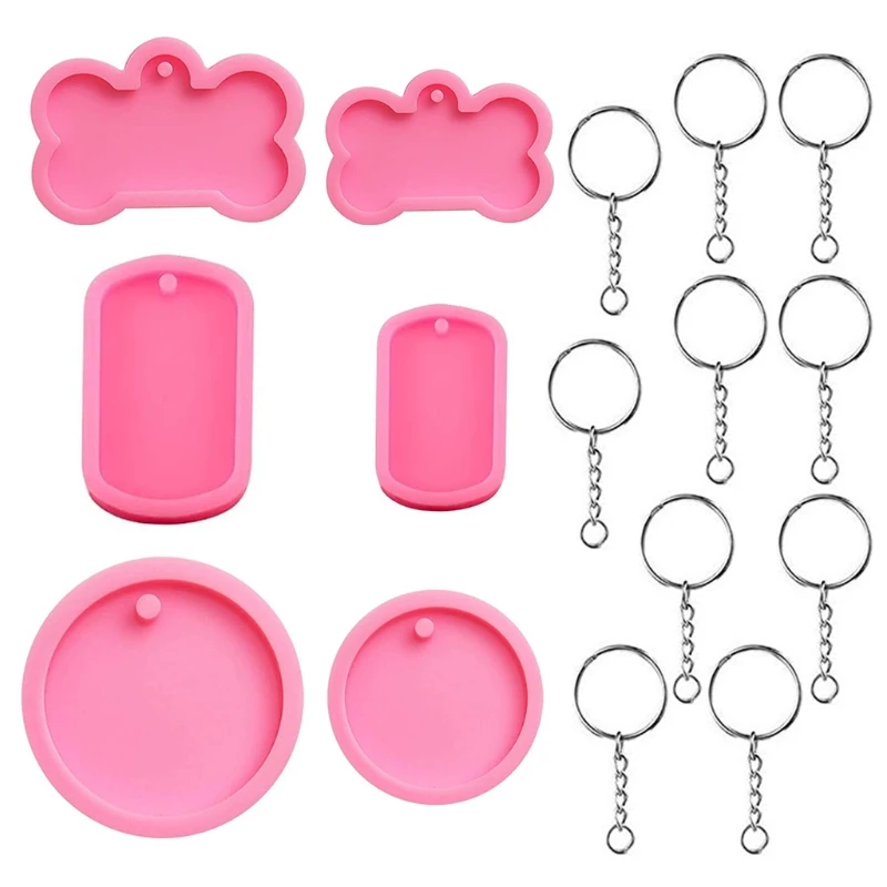 

6 Pieces Dog Bone Shaped Silicone Mold Set DIY Round Keychain Epoxy Resin Mould Dog Tag Pendant Casting Mold with Blank