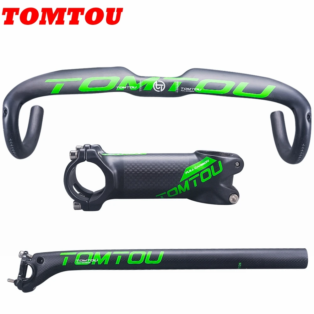

TOMTOU Matte Green Carbon Handlebar + Seatpost + Stem Bicycle Road Aero Handlebars Sets Bike Bent Bars Parts - TG9T63