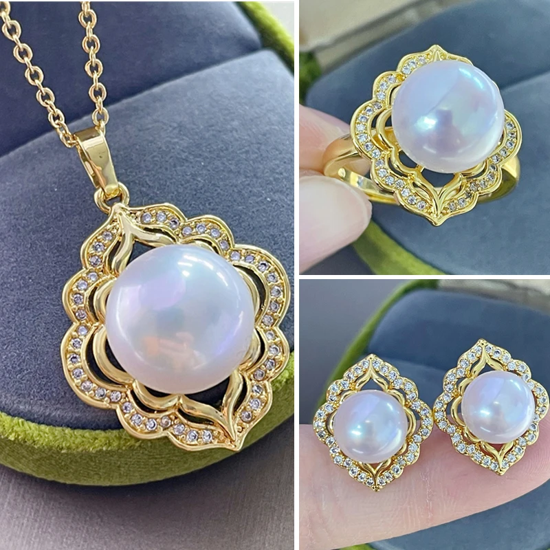 

MeiBaPJ большой натуральный белый полукруглый жемчуг цветок набор ювелирных изделий Медный позолоченный кулон серьги кольцо модные ювелирные...