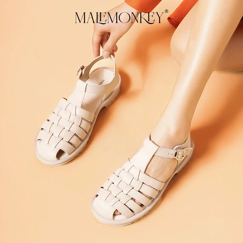 MALEMONKEY Weave Sandals Women Genuine Leather Outdoor Breathable Roman New Casual Solid Color Summer Ladies Flat Shoes Handmade