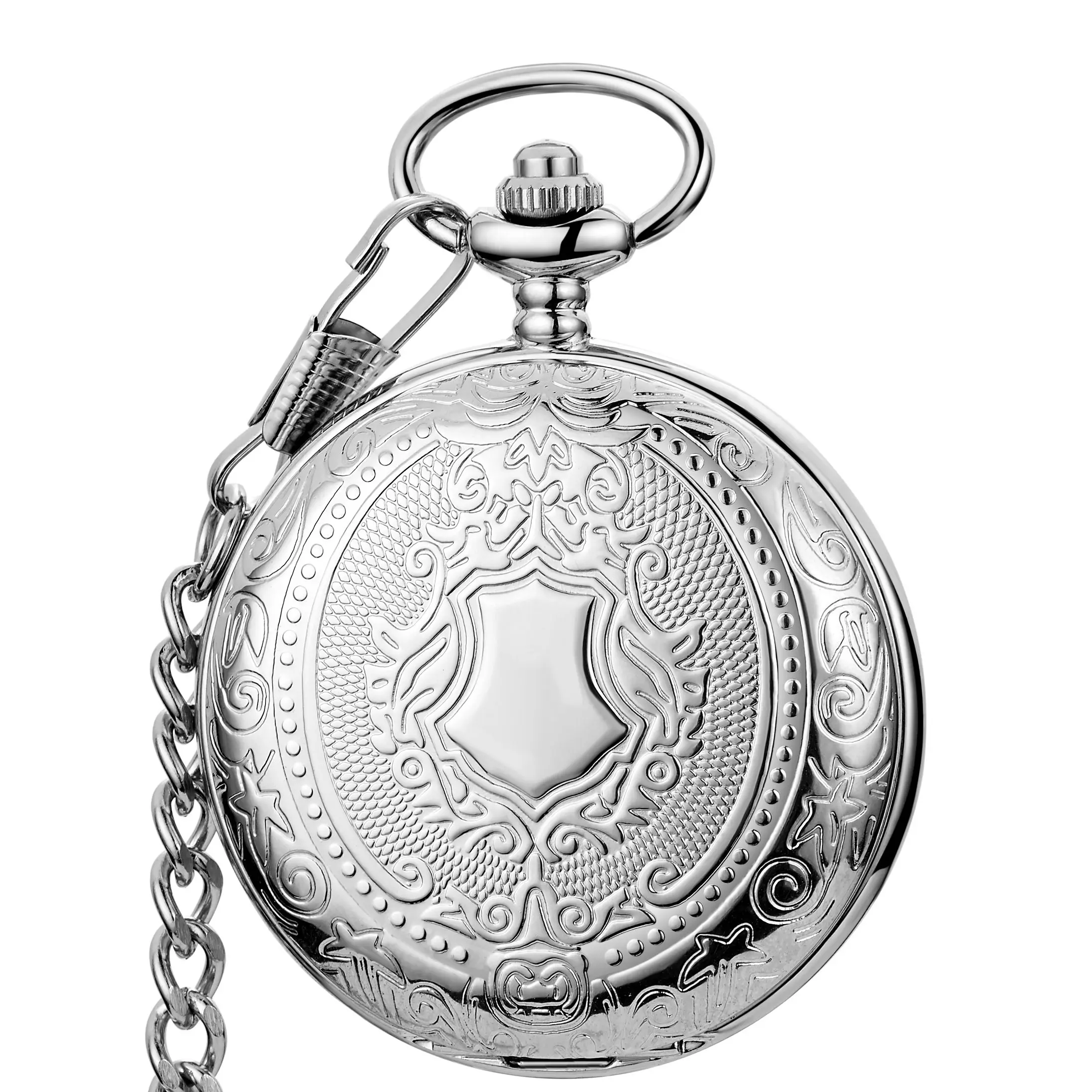 

Unique Black Silver Pocket Watch Mechanical Hand-winding Fob Watch Smooth Case Roman Numerals Dial Retro Clock Chain Pendants