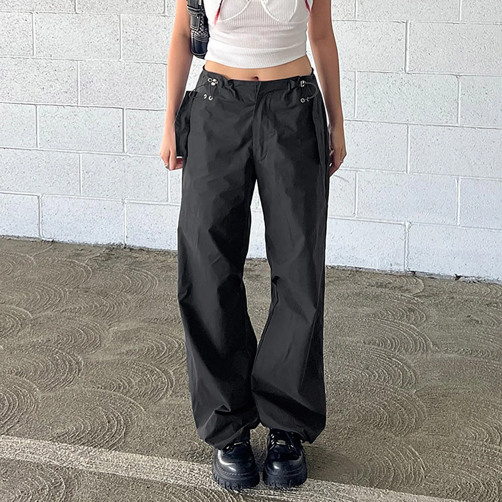 

Womens Cotton Women's Loose Cargo Pants Retro Multi Pocket Low Waist Drawstring Casual Pants for Women with Pockets
