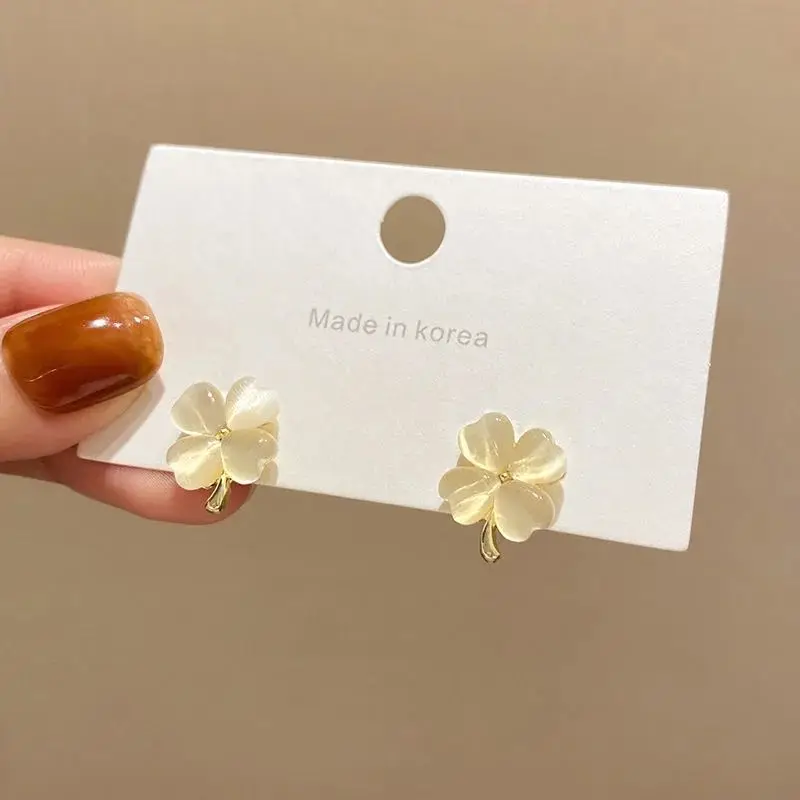 

s925 Sterling Silver Needle Opal Clover Stud Earrings Small Peach Heart Korean Earrings Advanced Jewelry
