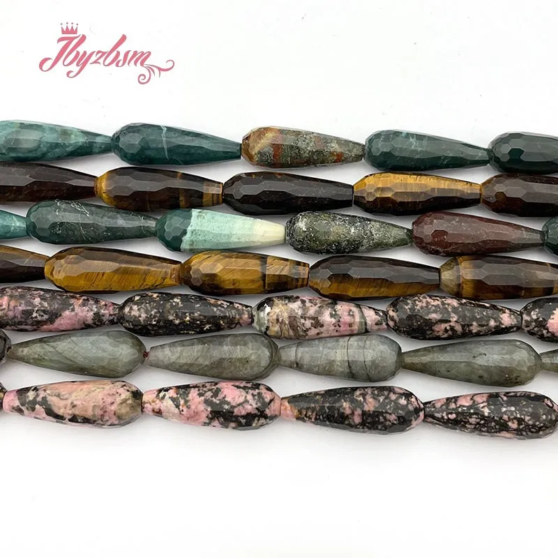 Natural Rhodonite Quartz Tiger Eye Beads Drop Faceted Stone DIY Strand 15 Inch For Jewelry Making Necklace Bracelets 10x30mm