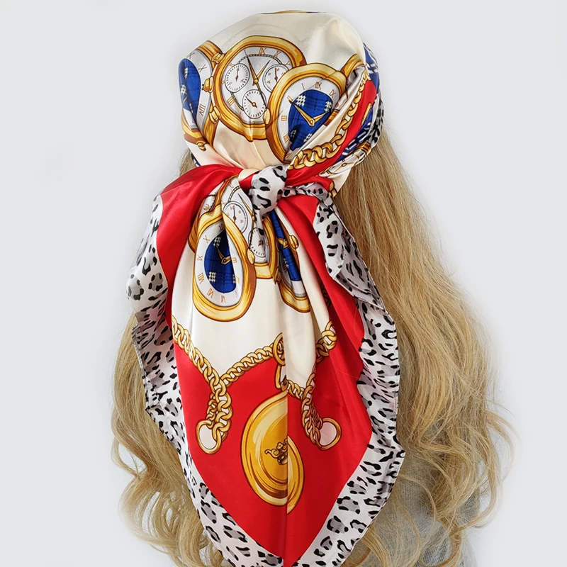 

90*90cm Hair Scarf Women Fashion Designer Beautiful Flowers Foulard Soft Satin Shawl Kerchief Square Silk Scarfs Neck Headscarf