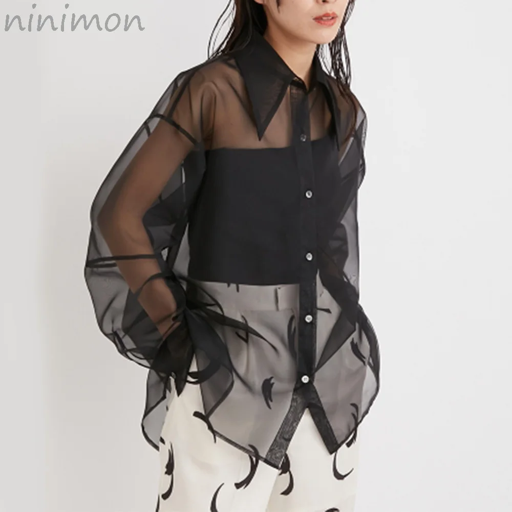 NINIMON Women Translucent Tulle Shirts Long Sleeve Sunscreen Blouses Summer Mujer Blusas Chic Single Breasted Turn Collar Tops