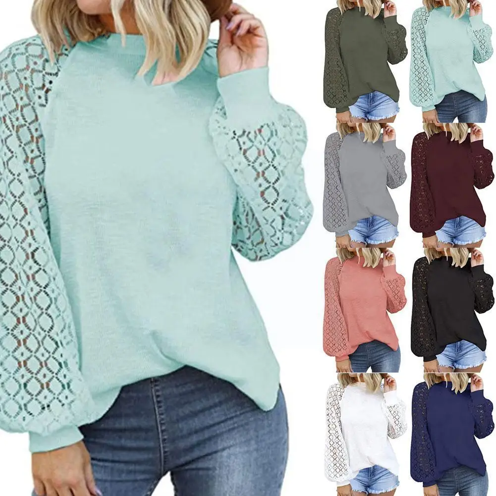 

2021 Autumn Women's Sexy Lace-trimmed Trim Stitching Office Puff Sleeve Ladies Long-sleeved T-shirt O-neck Top Hollow M2L9