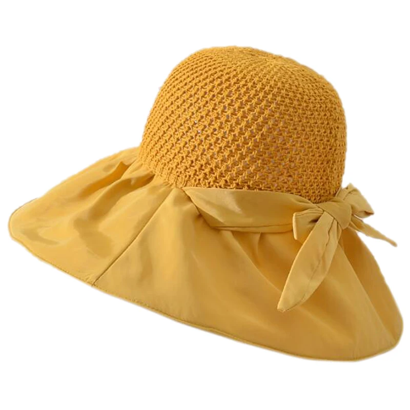

Large Bow Ladies Beach Cap Knitted Ruffled Sun Hat for Women Summer Fisherman Hat Breathable Visor Basin Hat Big Brim Bucket Hat