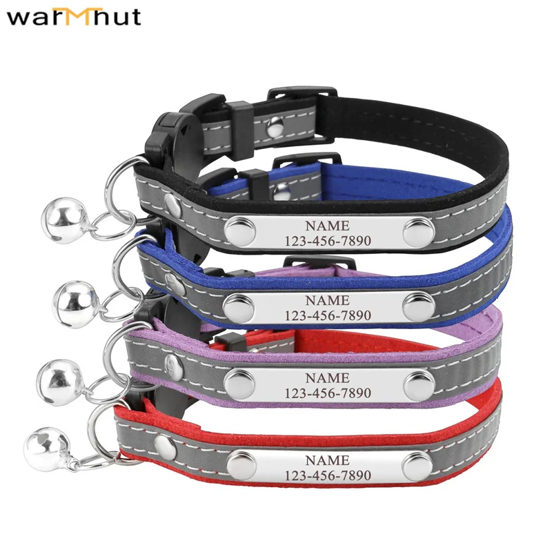 

Персонализированный ошейник WarmHut для кошек, Светоотражающий ошейник для котят с выгравированной табличкой с именем и колокольчиком