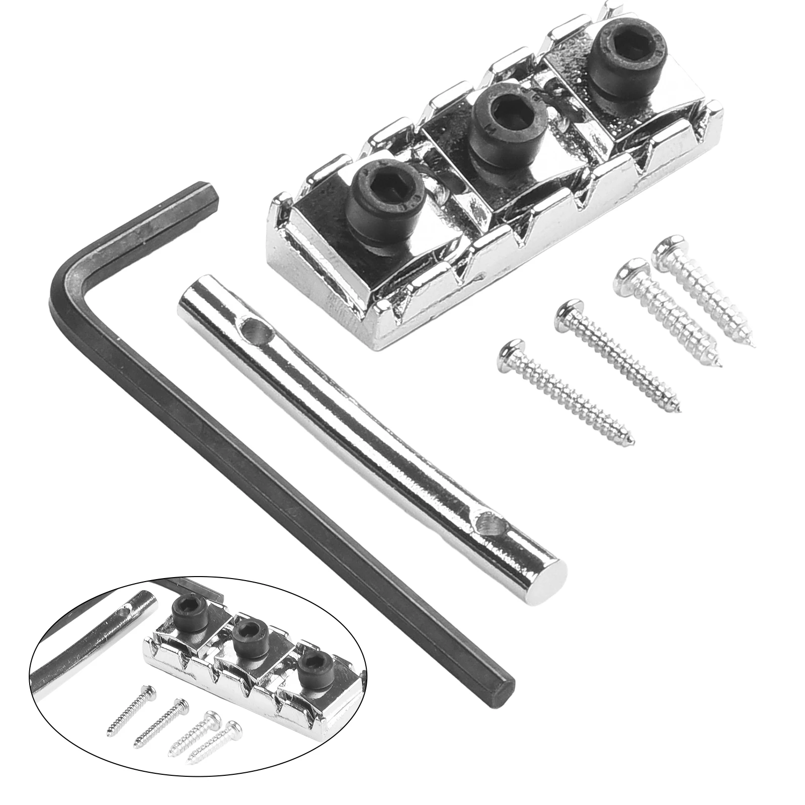 

7PCS Electric Guitar String Locking Nut Tension Bar Set Stainless Steel Silver 43mm Locking Nut Electric Guitar Accessories