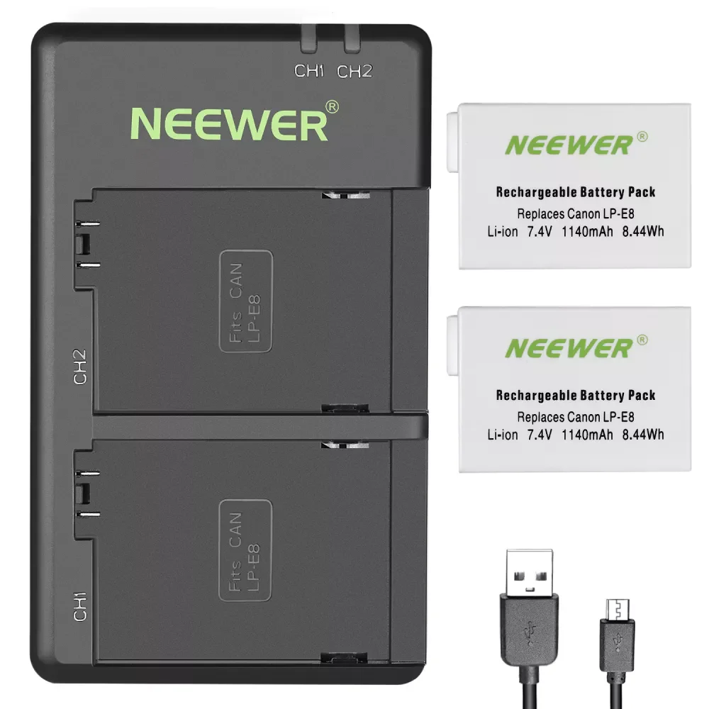 

NEW2023 Replacement LP-E8 Rechargeable Battery Charging Set for Canon (2-Pack Camera Batteries and Micro USB Input Dual Charger)