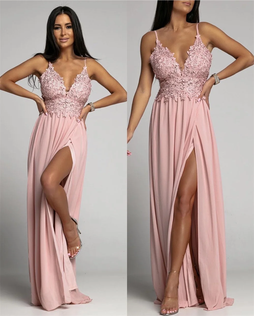 Sexy Women V-neck Maxi Dress 2023 New in Satin Applique Spaghetti Long Dress Elegant Prom Party Graduation Dresses