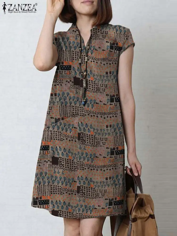 

Элегантное платье ZANZEA с цветочным принтом, модные платья с коротким рукавом и V-образным вырезом, Женский офисный сарафан, летнее Повседневное Платье До Колена