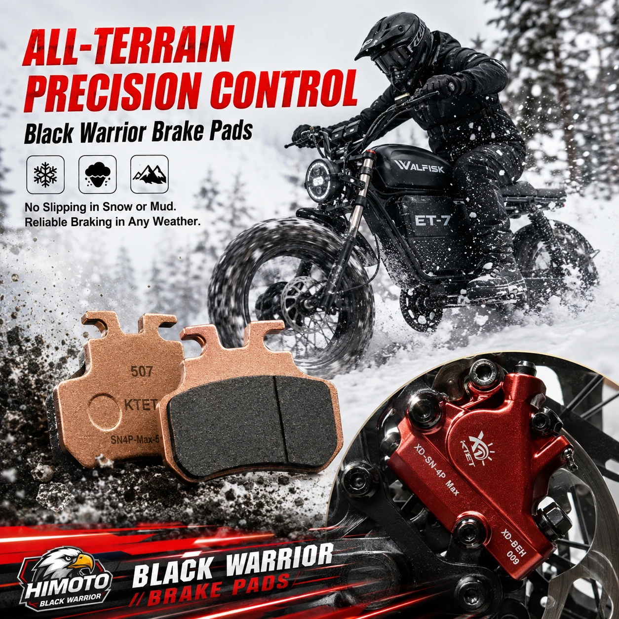 Фото Тормозные колодки Black Warrior, полуметаллические, износостойкие, для Himoto, OWAYEBIKE, WALFISK, EKXBike, KTET, SN-V4, XD-SN-4P, всепогодные №4