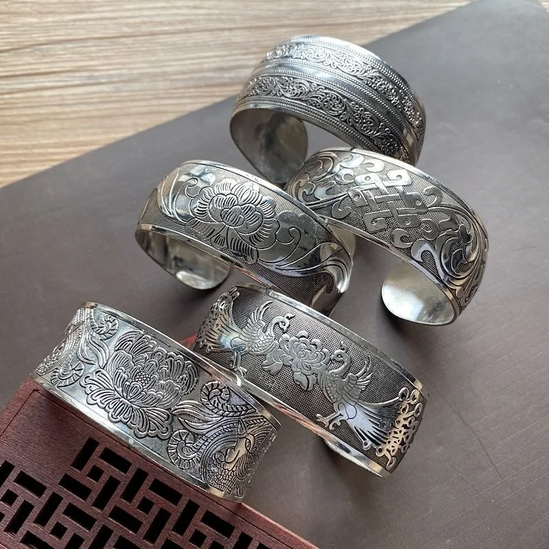 

Handmade Chinese Ethnic Women Cuff Bracelet Vintage Silver Big Wide Bangle Designer Bracelet