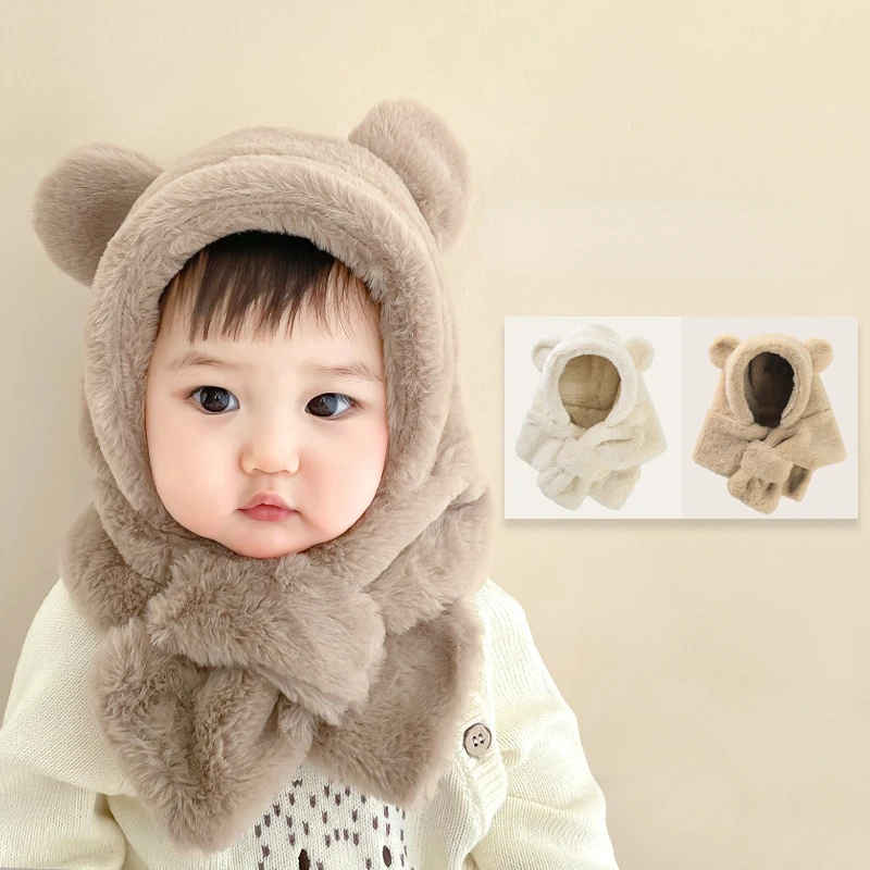 Wool Warm Baby Hats Toddler Bear Ears Cute Soft Plush Kids Hat Scarf 2 In 1 Winter Ear Protection Unisex Solid Children Caps