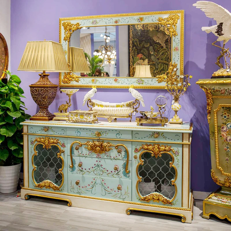 

French luxury solid wood porch cabinet multilayer hand-painted light blue decorative cabinet elegant villa foyer locker