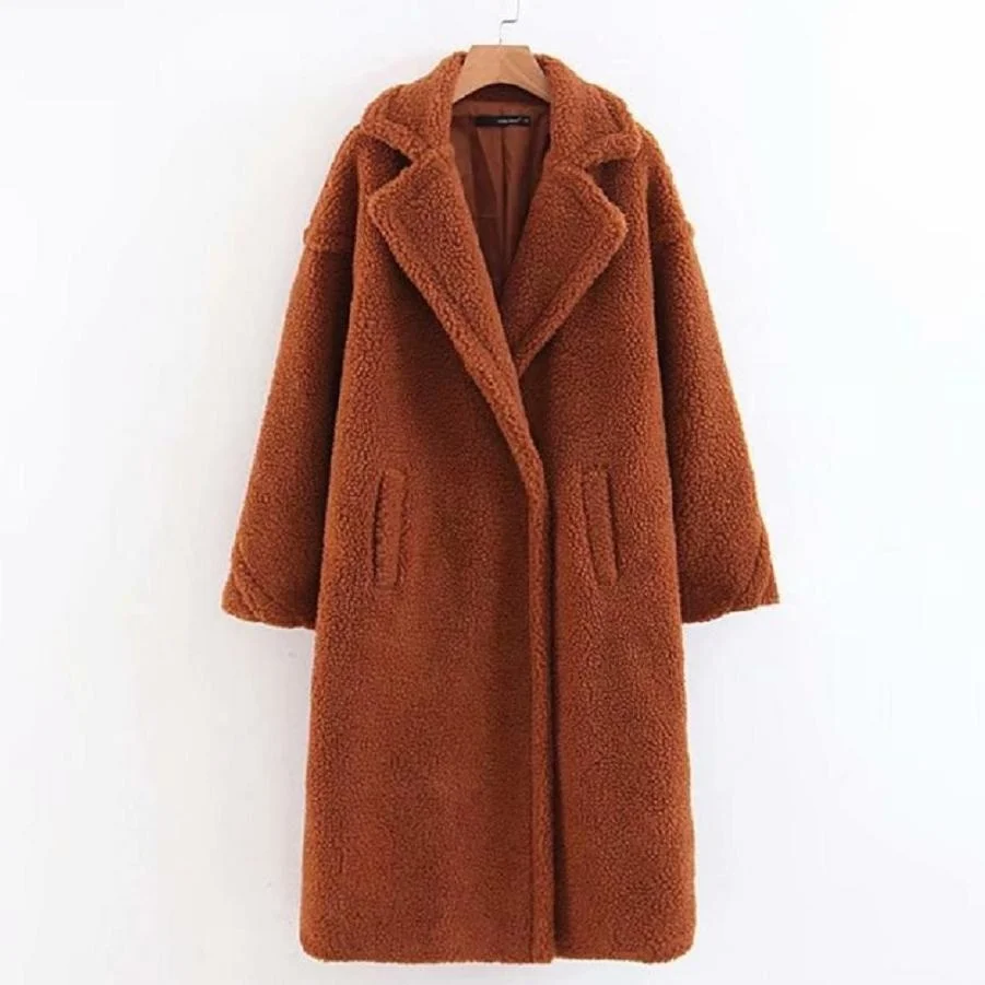 

faux Winter jacket women's teddy lamb fur coat shearling fluffy long overcoat female theken warm covered button outwear L1689