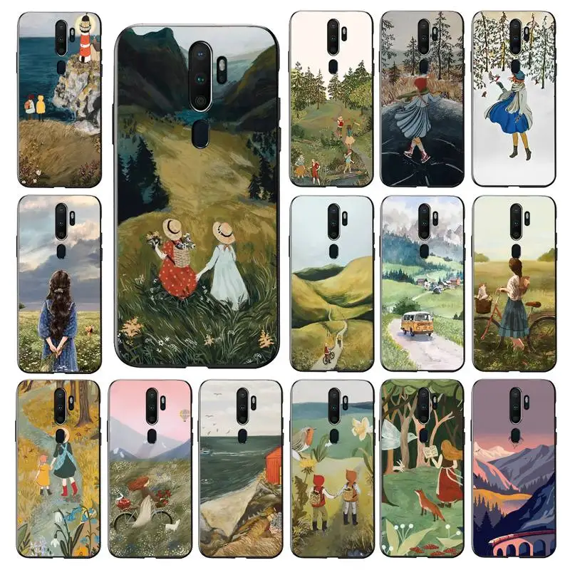 

FHNBLJ Cartoon Scenery Girl Phone Case for Vivo Y91C Y11 17 19 17 67 81 Oppo A9 2020 Realme c3