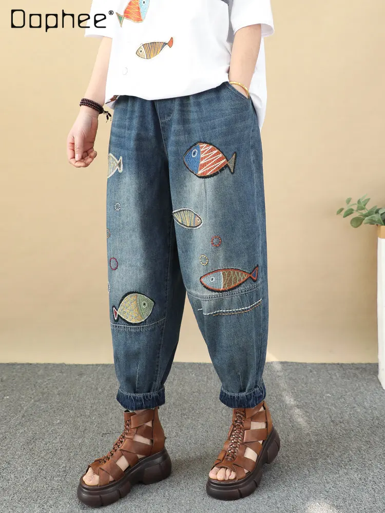 

Cartoon Goldfish Embroidery Denim Ankle-Length Pants Women's 2023 Spring and Summer Thin Loose Retro Curling Cropped Harem Pants