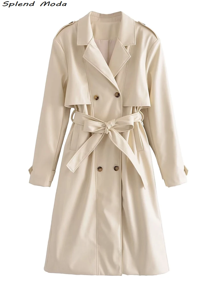 

2022 Za Women Fashion Office Lady Style Pu Double Breasted Windbreaker Coats Young Long Sleeve Long Jackets Coat Chic Outwear