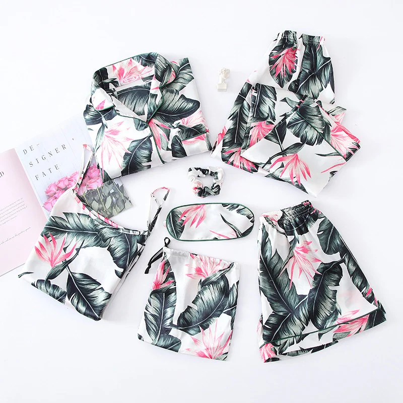 Fashion Pajamas Set Women Sweet Stripe Print Flower Full-Sleeve Belt Shirt Pyjamas Top Rayon Homewear Clothes Big Size