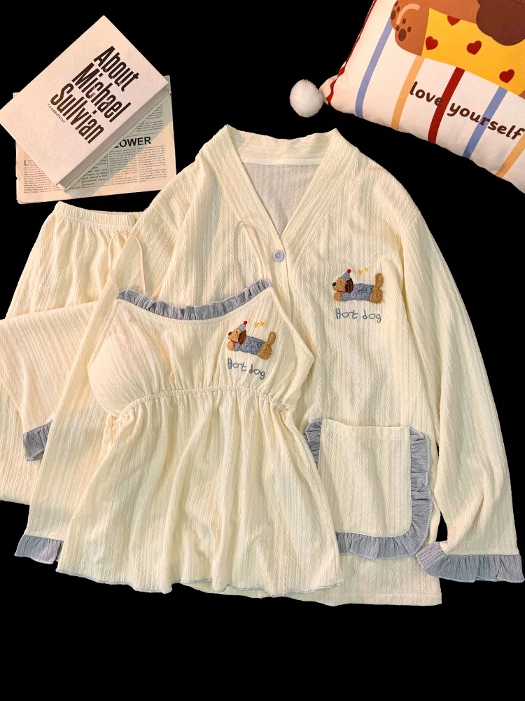 Пижамы с рисунком собаки и колбасы женские весенне-осенние хлопковые тонкие