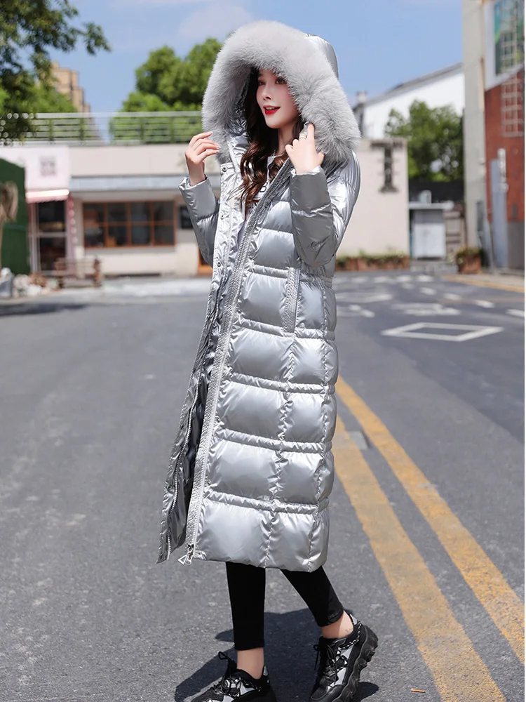 New Women Wash Free Glossy Surface Down Coat Winter Fashion Real Fox Fur Collar Drawstring Waist Thicken Warm Long Down Jacket