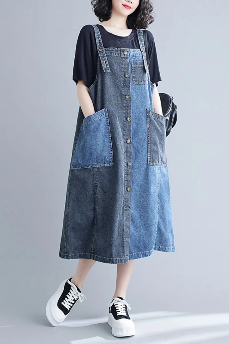 

Fashion Ladies Vintage Denim Dresses Women Casual Loose Dress Elegant Spaghetti Strap Sleeveless Mid-calf Patchwork Dress Summer